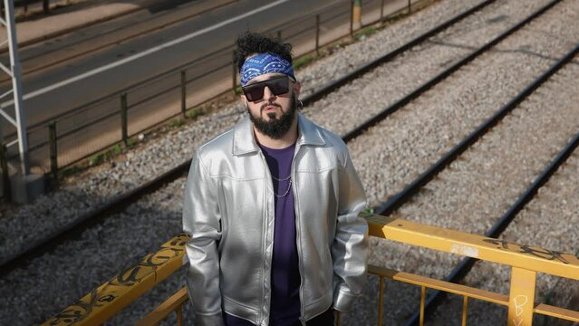 A Stylish young man with a beard wearing sunglasses and streetwear looking at camera with confidence against an urban backdrop