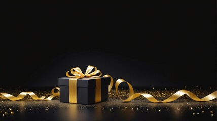 Gift box and golden ribbon on black background with glitter. Black friday sale concept