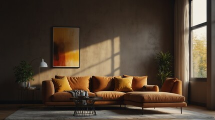 amber brown theme accent color empty living room interior minimalist concept design with sofa with morning sunlight from Generative AI
