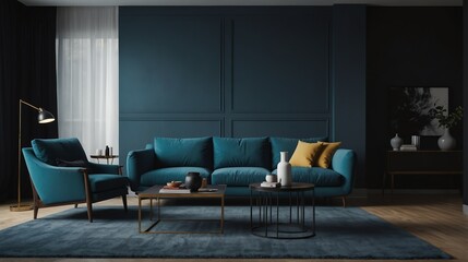 blue and black theme accent color empty living room interior minimalist concept design with sofa with morning sunlight from Generative AI
