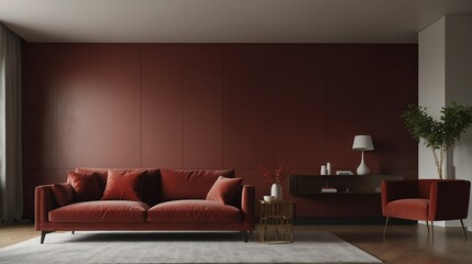burgundy red theme accent color empty living room interior minimalist concept design with sofa with morning sunlight from Generative AI