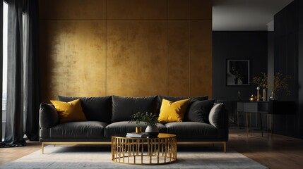 gold and black theme accent color empty living room interior minimalist concept design with sofa with morning sunlight from Generative AI - obrazy, fototapety, plakaty