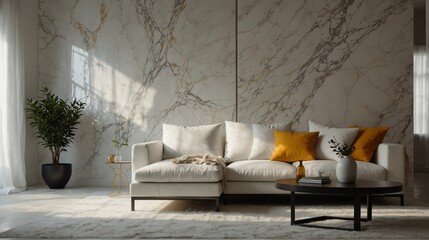 marble white theme accent color empty living room interior minimalist concept design with sofa with morning sunlight from Generative AI
