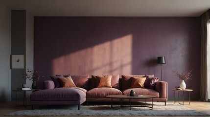 mauve purple theme accent color empty living room interior minimalist concept design with sofa with morning sunlight from Generative AI