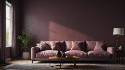 mauve purple theme accent color empty living room interior minimalist concept design with sofa with morning sunlight from Generative AI