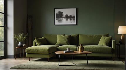 olive green theme accent color empty living room interior minimalist concept design with sofa with morning sunlight from Generative AI
