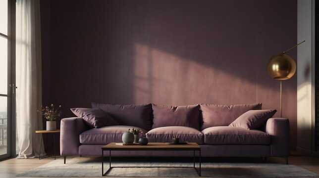 mauve purple theme accent color empty living room interior minimalist concept design with sofa with morning sunlight from Generative AI