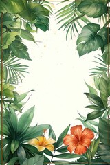 Tropical foliage frame with hibiscus flowers on a white background, ideal for invitations or cards.
