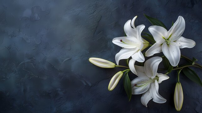 branch of white lilies flowers, condolence card with copy space for text, stock photography
