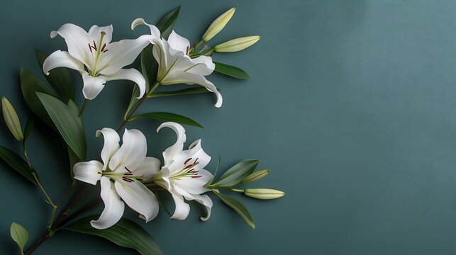 branch of white lilies flowers, condolence card with copy space for text, stock photography