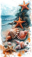Artistic marine life composition with starfish, shells, and coral branches on a watercolor background.