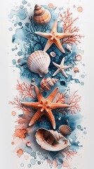 Colorful illustration of starfish and seashells with coral and ink splatter, marine life theme.