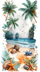 Colorful illustration of starfish and seashells with coral and ink splatter, marine life theme.