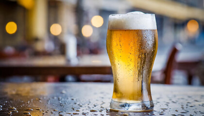 Close-up of glass of cold beer glass with foam on table. Cool beverage. Alcoholic drink. - obrazy, fototapety, plakaty