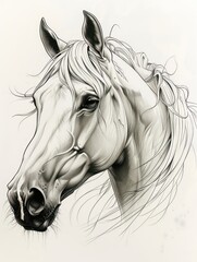 Artistic black and white sketch of a horse head with splatter texture on a beige background.