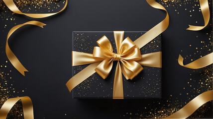 Fototapeta na wymiar Gift box and golden ribbon on black background with glitter. Black friday sale concept
