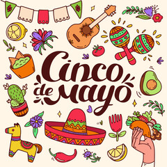 Cinco de Mayo celebration in Mexico icons set. Square color background. Banner and social media post for Mexican federal holiday Cinco de Mayo. Mexican heritage and culture. Doodle vector illustration
