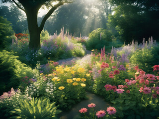 colorful blooms in a shady flower garden, delicate markings, sunrays shine upon flower garden, softly luminous