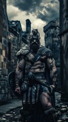 Fototapeta premium Majestic warrior in armor under stormy sky, exuding strength and determination.