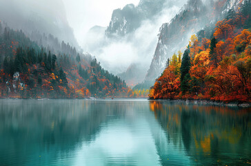 The most beautiful lake in China, the sepia bluegreen water of flew green and yellow trees on both sides of hung colourful rainbowlike light, reflection of mountains in colorful turquoise clear emeral - obrazy, fototapety, plakaty