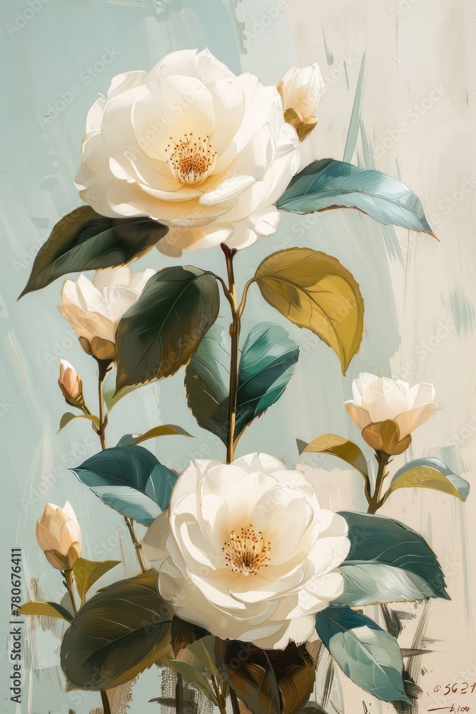 Wall mural Elegant white roses painting with soft pastel tones and detailed petals, set against a textured blue background.