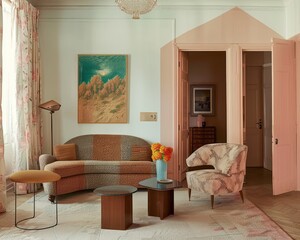 Elegant vintage living room with pastel colors, retro furniture, and a landscape painting.