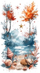 Watercolor illustration of a seaside scene with vibrant autumn trees, starfish, and seashells, blending into an abstract ocean background.