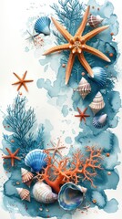 Marine life watercolor illustration with starfish, shells, and coral on a textured blue background, suitable for vertical designs.