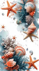 Assorted seashells and starfish with coral and bubbles on a watercolor background.