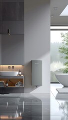 Modern bathroom interior with city view at sunset, featuring a sleek sink and wall-mounted boiler.