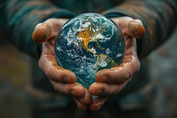 Hands holding a small globe with a detailed map, symbolizing environmental care and global responsibility.