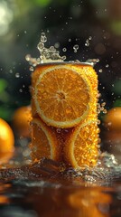 Fresh orange juice splashing from a glass surrounded by whole and sliced oranges with water droplets in the air.