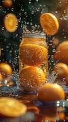 Fresh orange juice splashing from a glass surrounded by whole and sliced oranges with water droplets in the air.