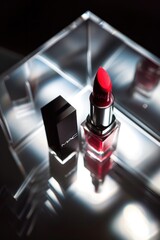 Red lipstick with a sleek design on a reflective surface with artistic metallic background.