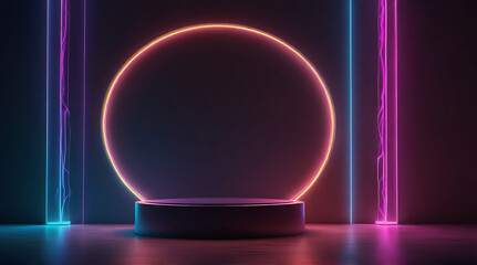 Modern round empty platform podium stand for product presentation scene with glowing neon lightings . Futuristic empty on rainbow flare background with colorful streaks of light. Front view, neon