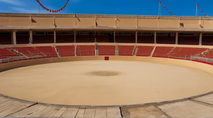 Gordijnen Empty round empty bullfight arena. bullring for traditional performance of bullfight, wide perspective, day © Prateek