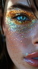Close-up of a woman with glitter makeup, highlighting her eyes and freckles, with a bokeh effect.