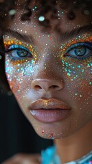 Close-up of a woman with glitter makeup, highlighting her eyes and freckles, with a bokeh effect.