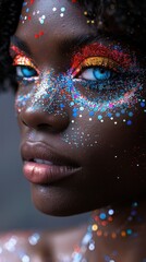Close-up portrait of a woman with vibrant glitter makeup, highlighting her eyes and cheekbones.