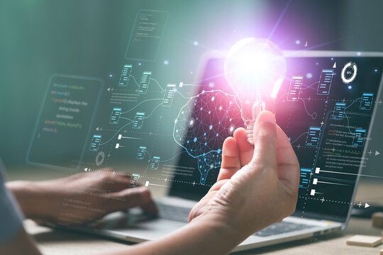 AI ,Business visionary points to AI letter icon on a world map, symbolizing the strategic utilization of AI in global business. Embrace innovation and navigate the future of intelligent technology