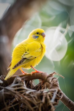 Bright yellow budgerigar perched on a nest in a natural setting with soft focus background.