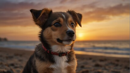 cute puppy closeup portrait looking on camera at drama d-cf-ff-b-cfbcaffbclose-up portrait looking on camera at dramatic sunset on beach background from Generative AI