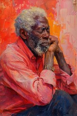 Portrait of a thoughtful elderly man with a white beard, wearing a red shirt against a vibrant red background.