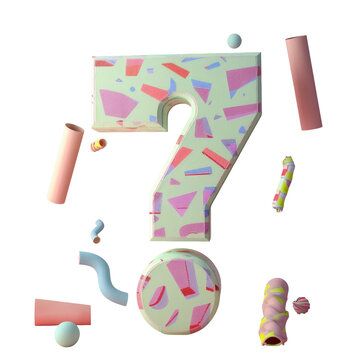 the number 7 is surrounded by pink and blue objects on a transparent background