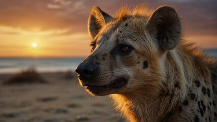 hyena closeup portrait looking on camera at dramatic s acab-f-bd-bde-eecdclose-up portrait looking on camera at dramatic sunset on beach background from Generative AI - obrazy, fototapety, plakaty
