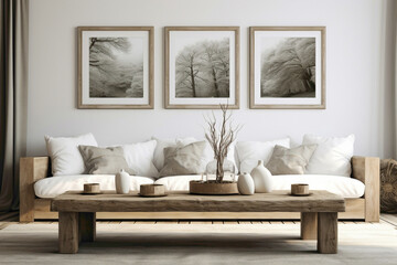 Nordic-inspired living room ambiance with two sofas, a weathered wooden table, and a blank frame providing space for text or art.
