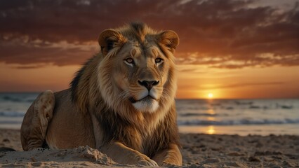 lion closeup portrait looking on camera at dramatic su ebcbe-bff-bb-aff-ccafbclose-up portrait looking on camera at dramatic sunset on beach background from Generative AI