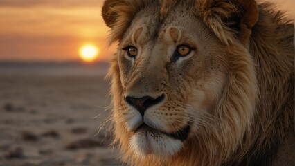 lion closeup portrait looking on camera at dramatic su dffca-e-c-f-eeefclose-up portrait looking on camera at dramatic sunset on beach background from Generative AI - obrazy, fototapety, plakaty
