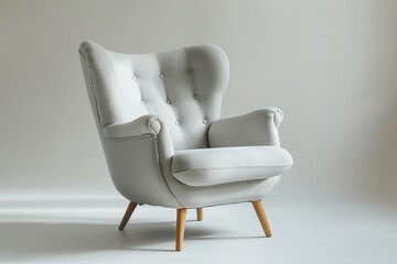 Scandinavian design armchair, light grey fabric, white background, natural daylight,  3/4 camera angle. - obrazy, fototapety, plakaty