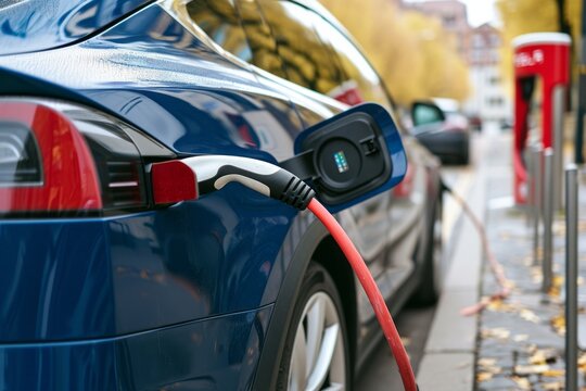 Close-up of an electric car charging a battery at a station, new eco transport technologies